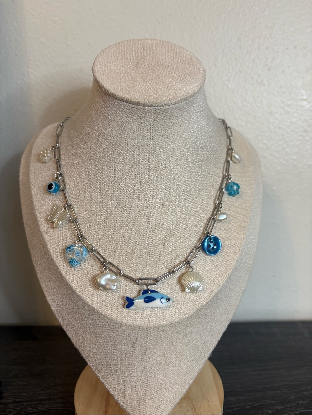 Handmade Silver/Blue Sardine Charm Necklace | Waterproof & Tarnish Resistant